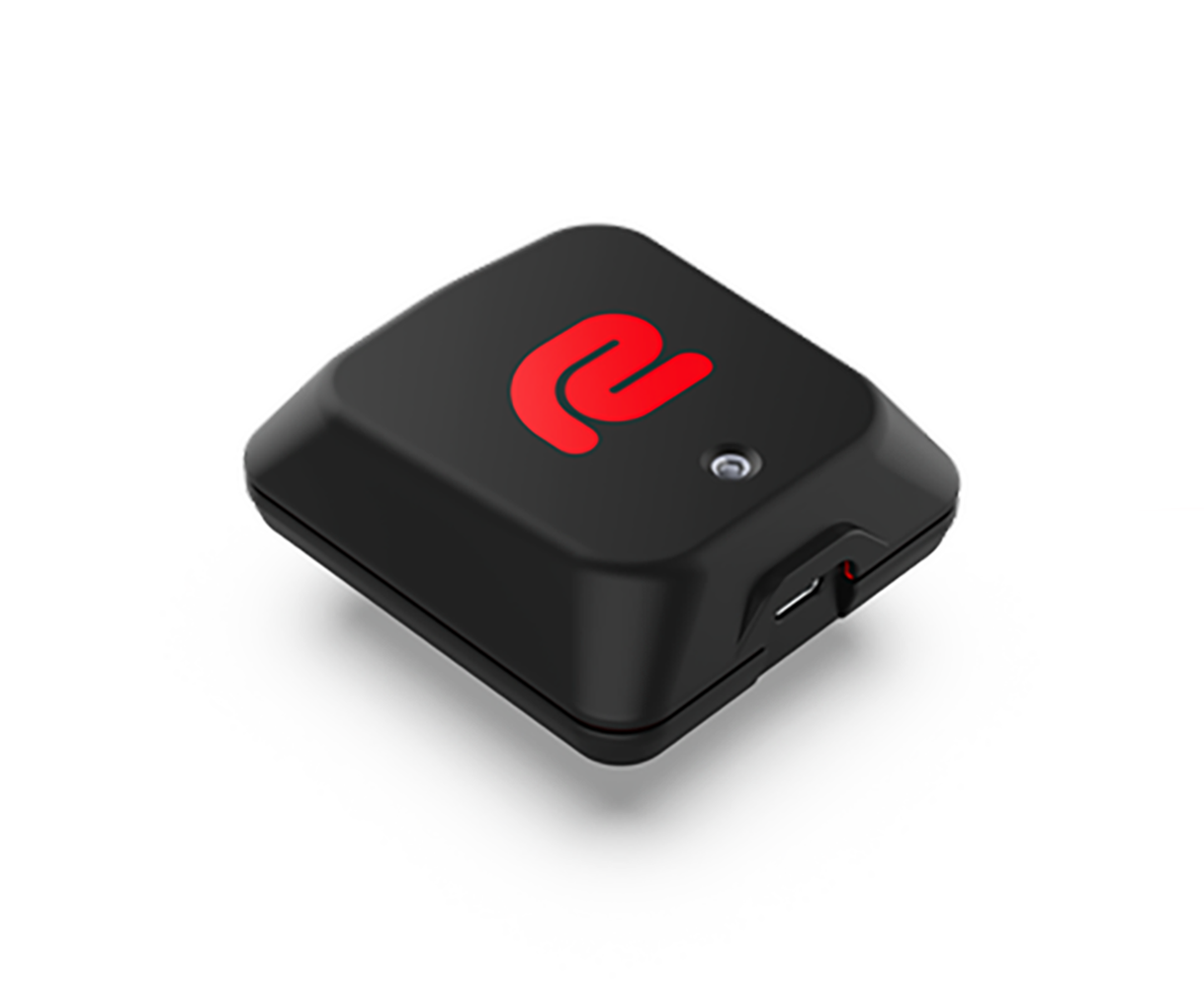 RaceBox Mini: a small black measuring device with a red logo and a USB-C port