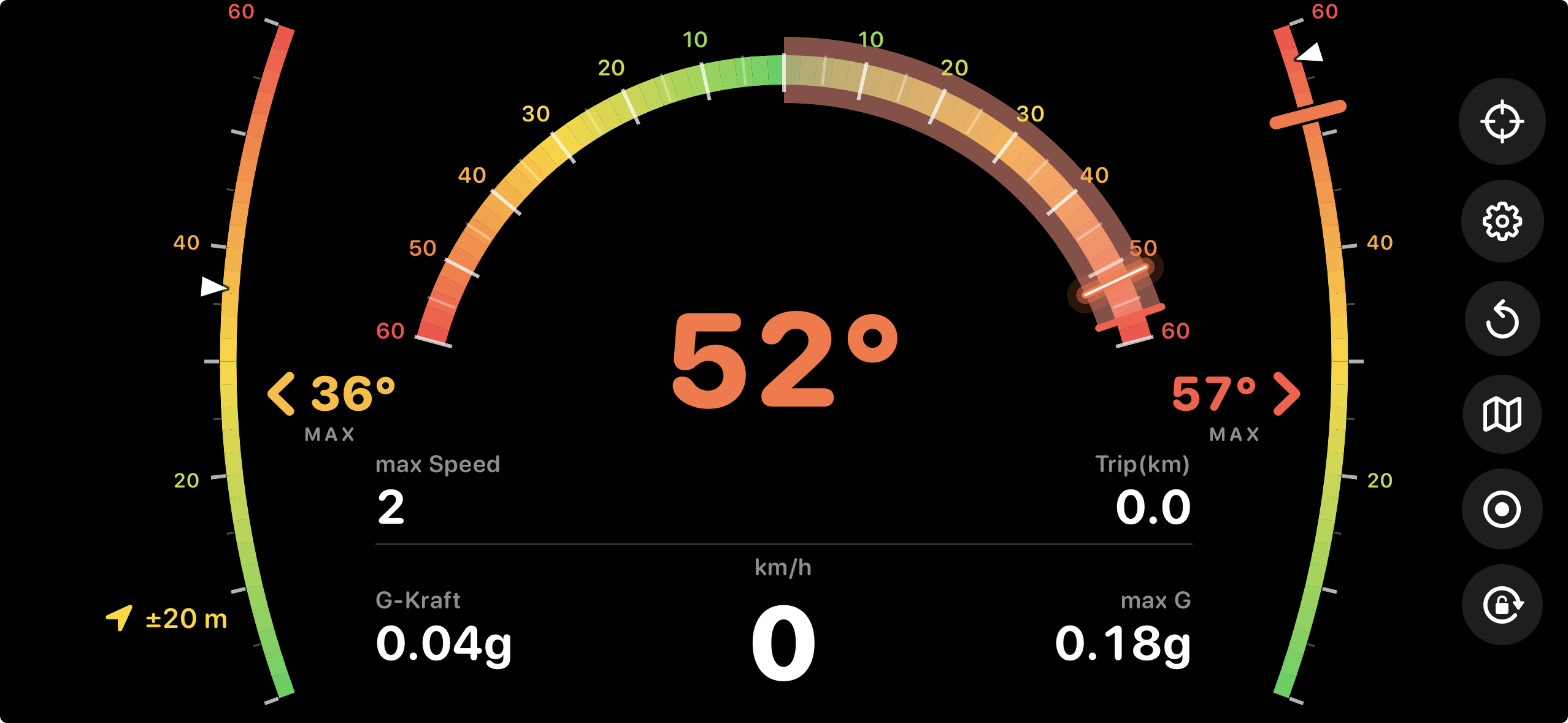 Lean Angle in landscape: lean arc in the centre, speedometer alongside