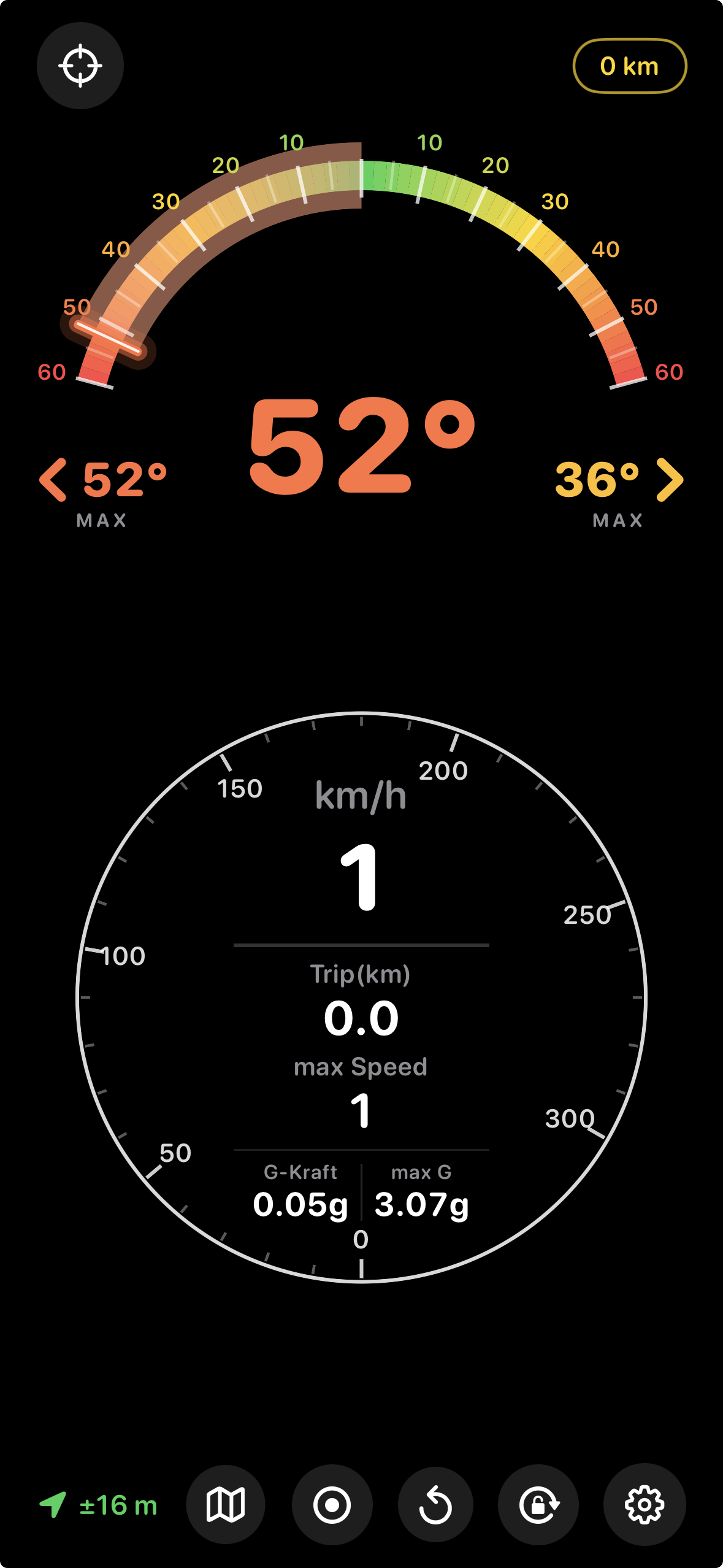 Lean Angle dashboard: lean arc at 0° and speedometer at 0 km/h