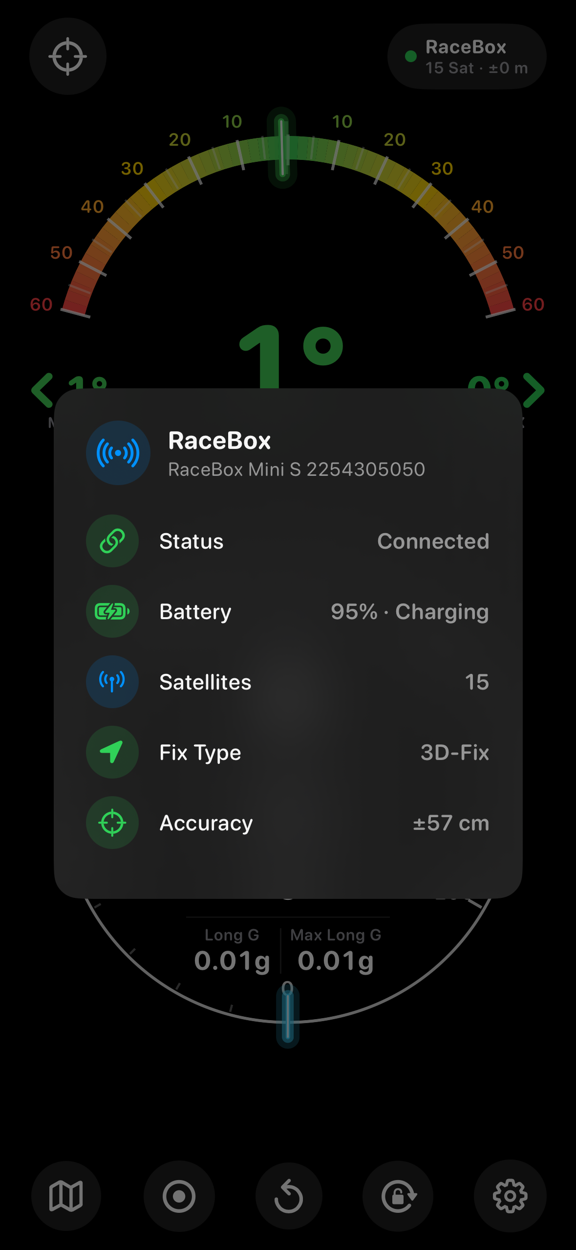 Lean Angle cockpit with the RaceBox status open: connected, battery 98 %, 16 satellites, 3D fix, accuracy ±21 cm