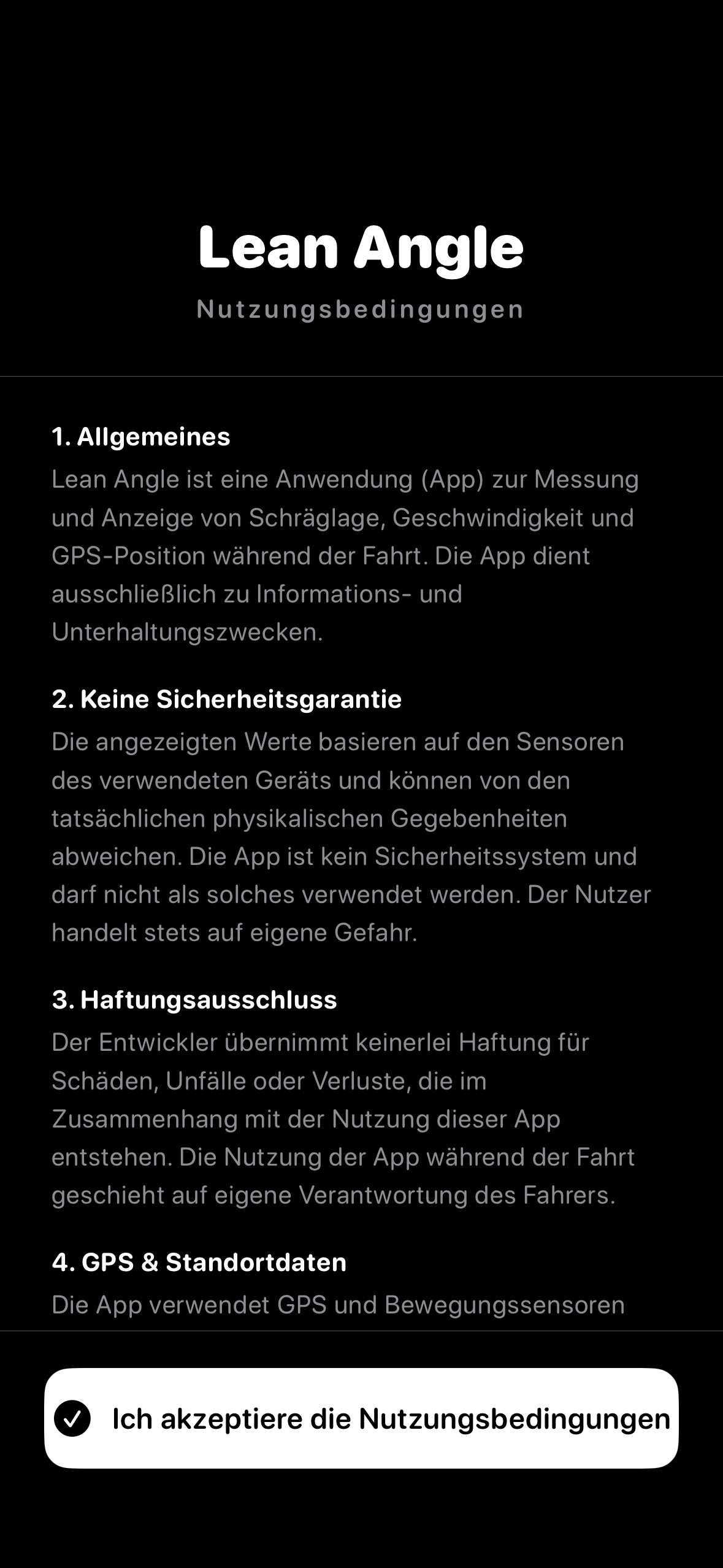 Lean Angle terms of use: a note that the app is a reference instrument with no safety guarantee