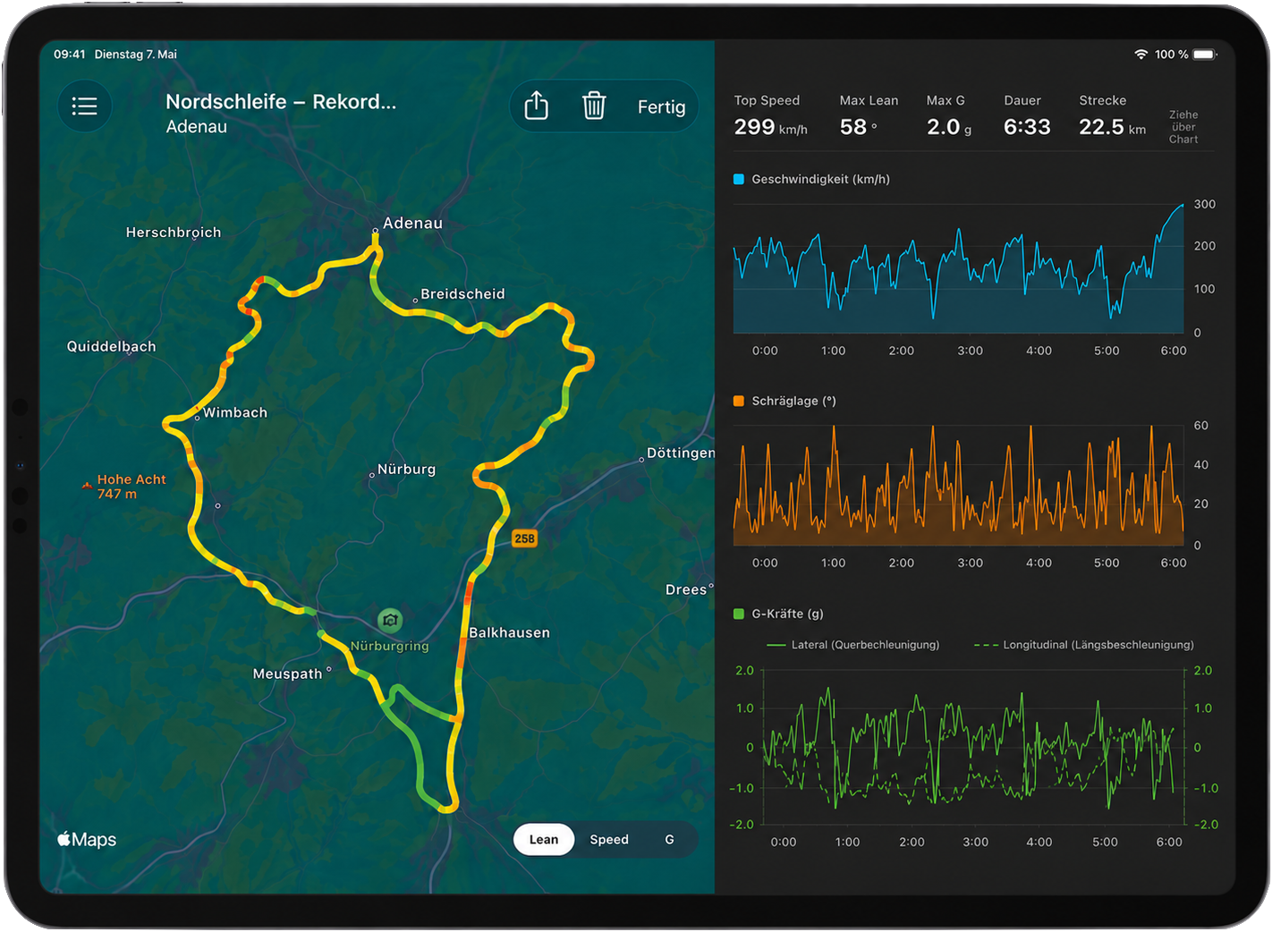 Lean Angle on iPad in landscape: the route on Apple Maps on the left, coloured by lean angle, the charts for speed, lean angle and g-forces on the right